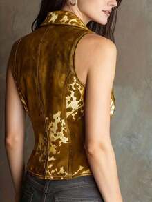 Blusa sin mangas con estampado de solapa para mujer - Amarillo - Ver 2