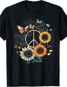 Peace Sign Love Sunflower On 60s 70s Sunflower Hippie T-Shirt - 黑色 - 查看 1