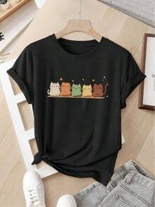 Women's Casual Sports T-Shirt With Colorful Cartoon Cat Graphic - Black Elastic Crew Neck T-Shirt, Machine Washable, Comfortable Fit And Perfect For All Seasons, For Leisure. - 黑色 - 查看 6