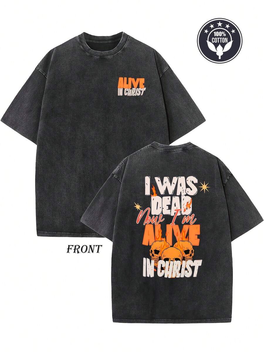 Men's Vintage Christian T-Shirt, Popular In 2026, 250g, 100% Cotton - Loose Fit, With The Phrase "I Was Dead, Now I Live" And "Live In Christ" Printed On The Back, Suitable For Church Use, Casual Street Style, Easter And Party Attire, Machine Washable Religious-Themed Clothing (Unisex) - Cross Design, Christ's Rebirth Message, Soft And Breathable Fabric, Suitable For All Seasons, Religious Clothing, High-Quality Printing, Durable Material, Gospel Preaching T-Shirt, Youth Group Clothing, Washed Cotton. - 黑色 - 查看 1