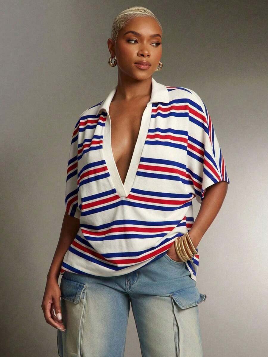 Top Polo a Rayas de Cuello Profundo y Talla Grande, Prendas de Moda - Azul - Ver 1