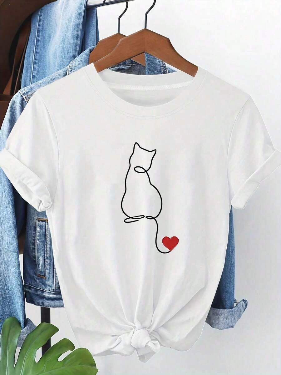 Women's Short-Sleeved T-Shirt With A Heart Design Featuring A Hand-Drawn Cat, Perfect For Casual Outings, Holiday Gifts And Gatherings, 100% Cotton. - 白色 - 查看 1