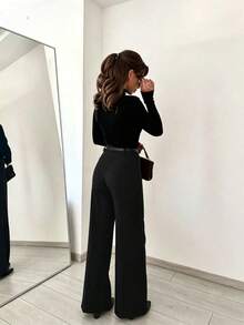 SMILE CHI Women's Casual Stretch Straight Leg Dress Pants For Commute, Daily Wear And Office (Belt Not Included) Black - Black - View 5