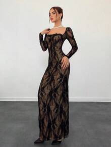 Vestido negro ajustado hasta el suelo con cuello corsé ahuecado y mangas largas con encaje en forma de S sexy para mujer para fiestas, citas y banquetes de otoño/invierno nuevo - Negro 3 - Ver 4
