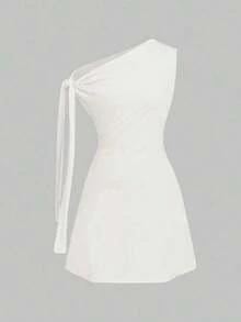 Vestido corto asimétrico con nudo en la cintura para mujer - Blanco - Ver 6