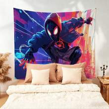1pc S Pider-Man Miles Morales Superhero Theme Birthday Backdrop Boys Birthday Party Decorations Photography Background Wall Hanging Tapestry Photo Booth Props Urban Hero Graphic Party Supplies Home Living Room Decor Event Scene Layout - 多色-A - 查看 3
