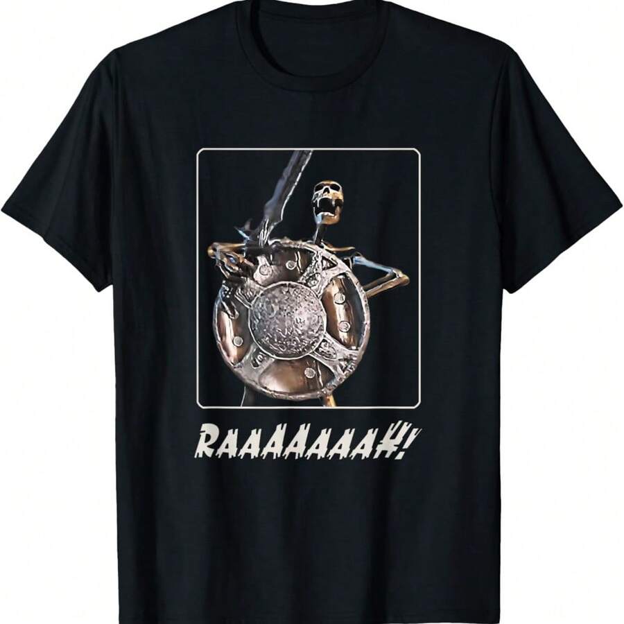 Skeleton Banging Shield Funny Meme T-Shirt - Black - View 1