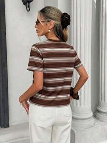 Camiseta holgada de cuello redondo y manga corta de estilo minimalista casual para mujer, con estampado de rayas, conjunto de ocio para mujer - Multicolor 2 - Ver 3