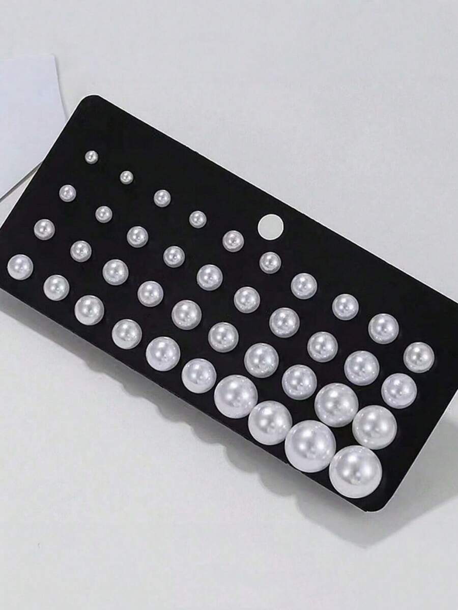 20pairs/Set New Silver-Plated Ball Shaped Stud Earrings - White - View 1