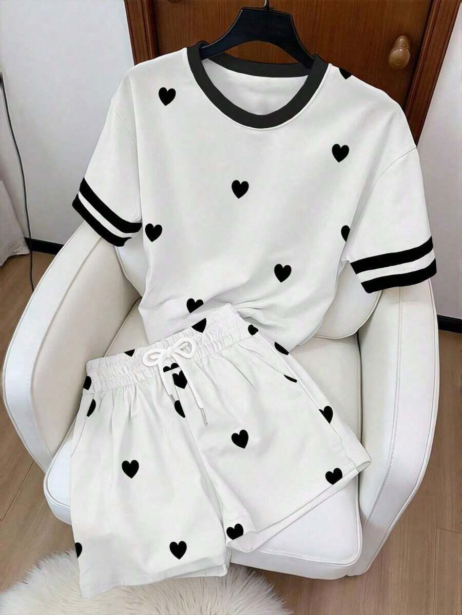 Conjunto de 2 piezas para mujer, top holgado de manga corta, shorts holgados cómodos, conjunto a rayas, bordado de limón, éxito de de verano - Multicolor 2 - Ver 1