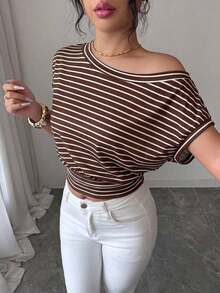 Camiseta casual de punto asimétrica y vintage, que estrecha la cintura y estiliza, con estilo francés de moda, adecuada para primavera/verano en el trabajo y para ir y venir - Multicolor 4 - Ver 3
