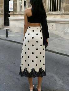 Falda de encaje con lunares vintage |   Base beige con lunares negros + dobladillo de encaje, vibra romántica para mujeres maduras. Falda de playa elegante de primavera con lunares contrastantes y empalme de encaje - Albaricoque - Ver 2
