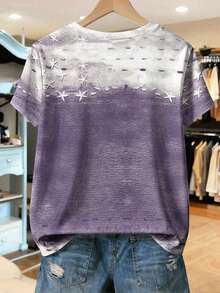Camiseta de mujer de manga corta con estampado de corazón, cómoda camiseta casual de cuello redondo - Multicolor 2 - Ver 2