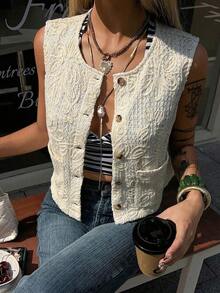 Chaqueta ajustada sin mangas de cuello redondo de unicolor para mujer, primavera/verano - Albaricoque 3 - Ver 1