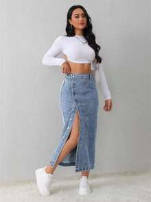 Tall Falda vaquera casual y suelta con abertura lateral, falda midi azul para mujeres altas, falda azul claro, falda azul, ropa de invierno para mujeres - Lavado ligero - Ver 3