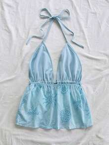 WYWH Top de tirantes blanco con cuello en V, textura de tela y espalda anudada, ideal para mujer en verano para fiestas, vacaciones, citas, San Valentín, tarde de té - Celeste - Ver 5