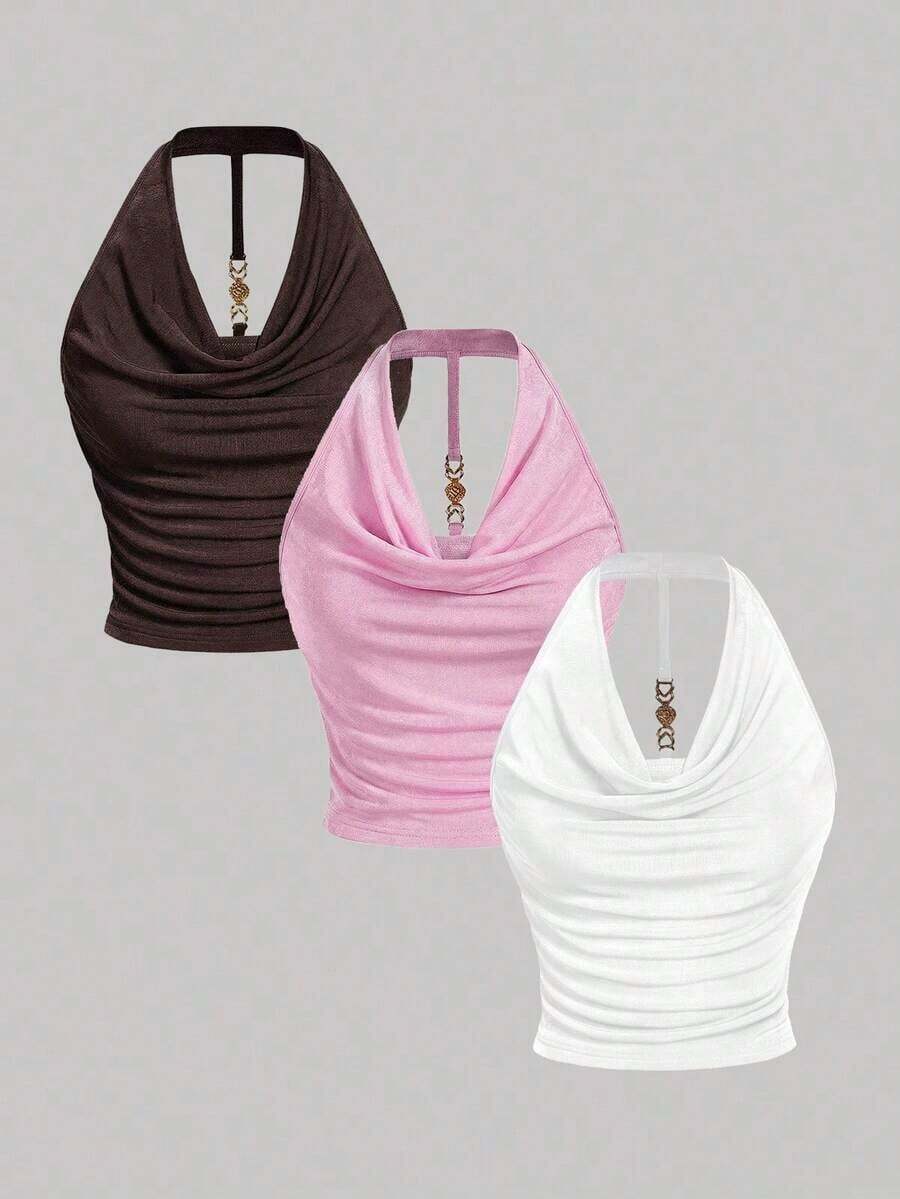 3 piezas Camiseta de mujer de unicolor con cuello drapeado de moda - Multicolor 4 - Ver 1