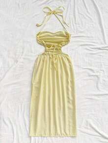 Vestido largo con espalda calada y lazo, cuello drapeado, lazo en la cintura, abertura alta, adecuado para vacaciones, festivales de música, estilo bohemio, vacaciones, citas, té de la tarde - Mostaza Amarilla - Ver 2