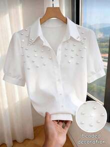 Blusa casual/de trabajo de manga corta elegante y ajustada con cuello y adornos de perlas para mujeres - Blanco - Ver 7