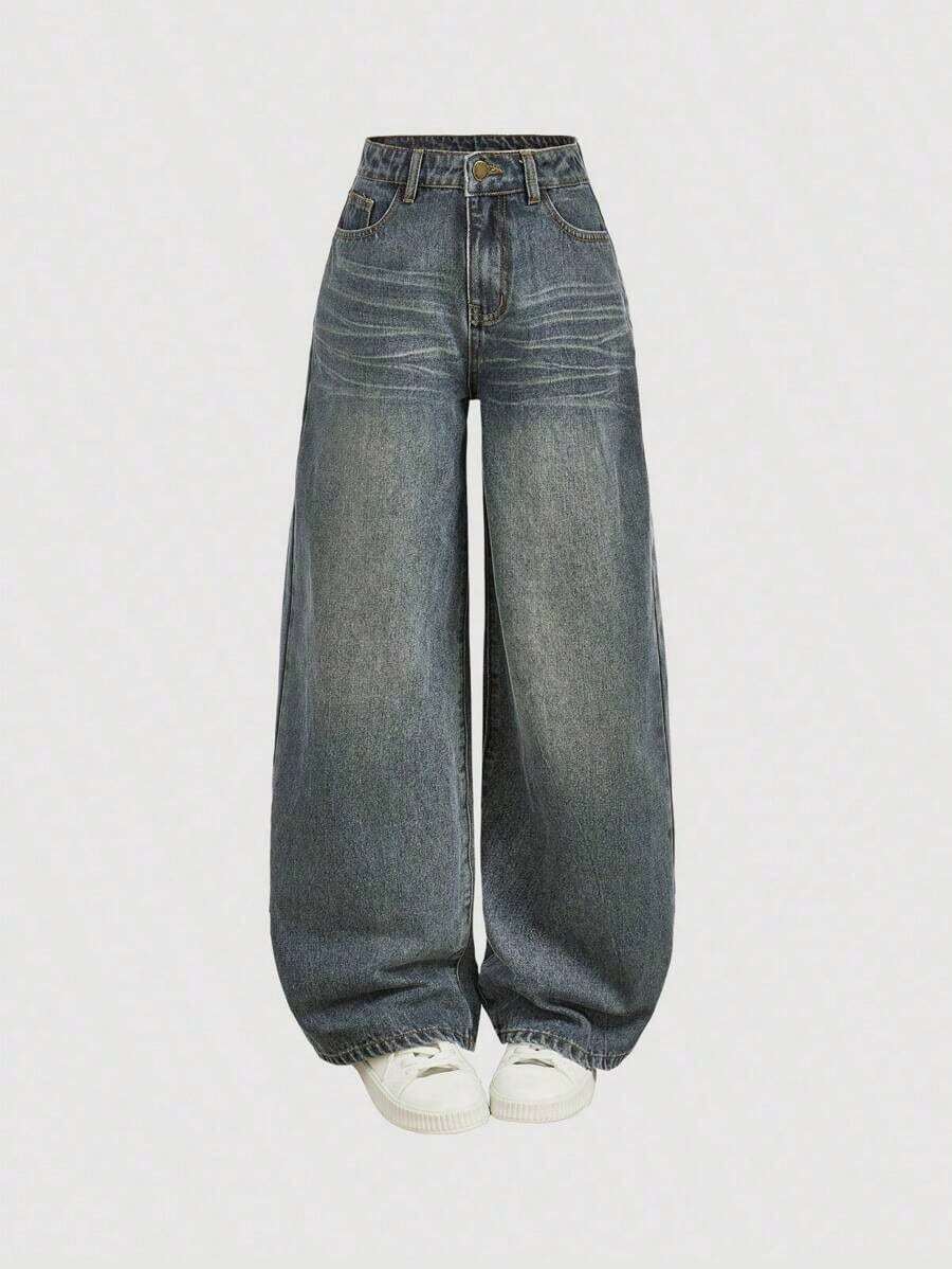 Girlism Pantalones vaqueros anchos y holgados estilo vintage Y2K, pantalones de mezclilla de pierna ancha, ropa de calle Harajuku , estilo retro de los años 2000, para adolescentes, primavera y vuelta al colegio - Azul lavado medio - Ver 1