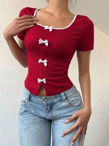 Camiseta casual de mujer de manga corta con adorno de lazo de color contrastante - Burdeos - Ver 3
