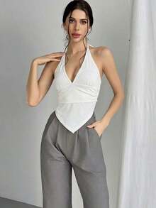 Top corto con escote en V profundo, cuello de halter, tirantes con lazo y espalda descubierta para mujer - Blanco - Ver 3
