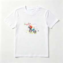 Women's Cotton T-Shirt With Rabbit On A Bicycle Print - Cute Summer Top - 白色 - 查看 1