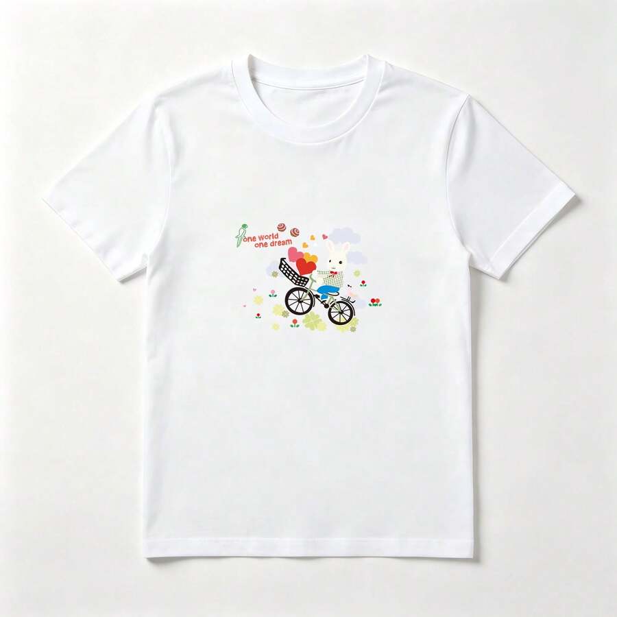Women's Cotton T-Shirt With Rabbit On A Bicycle Print - Cute Summer Top - 白色 - 查看 1