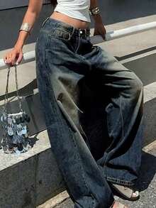 Jeans casuales rectos, sueltos y de pierna ancha, adecuados para todas las estaciones, para adolescentes de moda - Azul lavado medio 4 - Ver 4