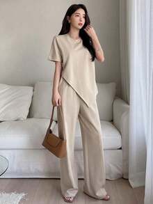 1 Conjunto de Camiseta de Manga Corta Asimétrica y Pantalones Casuales de Pierna Ancha para Mujer, Conjunto de Dos Piezas para Mujer - Albaricoque - Ver 6