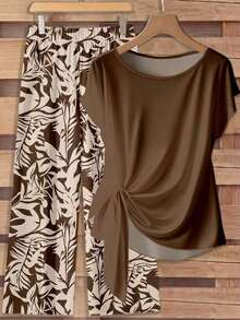 Conjunto de 2 piezas de blusa con lazo y pantalones rectos para mujer, informal - Multicolor 8 - Ver 7