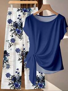 Conjunto de 2 piezas de blusa con lazo y pantalones rectos para mujer, informal - Multicolor 19 - Ver 3