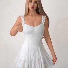 Women's Floral Embroidery Ruched Waist Elegant Mini Dress, Suitable For Dates And Parties - Blanco - Ver 4