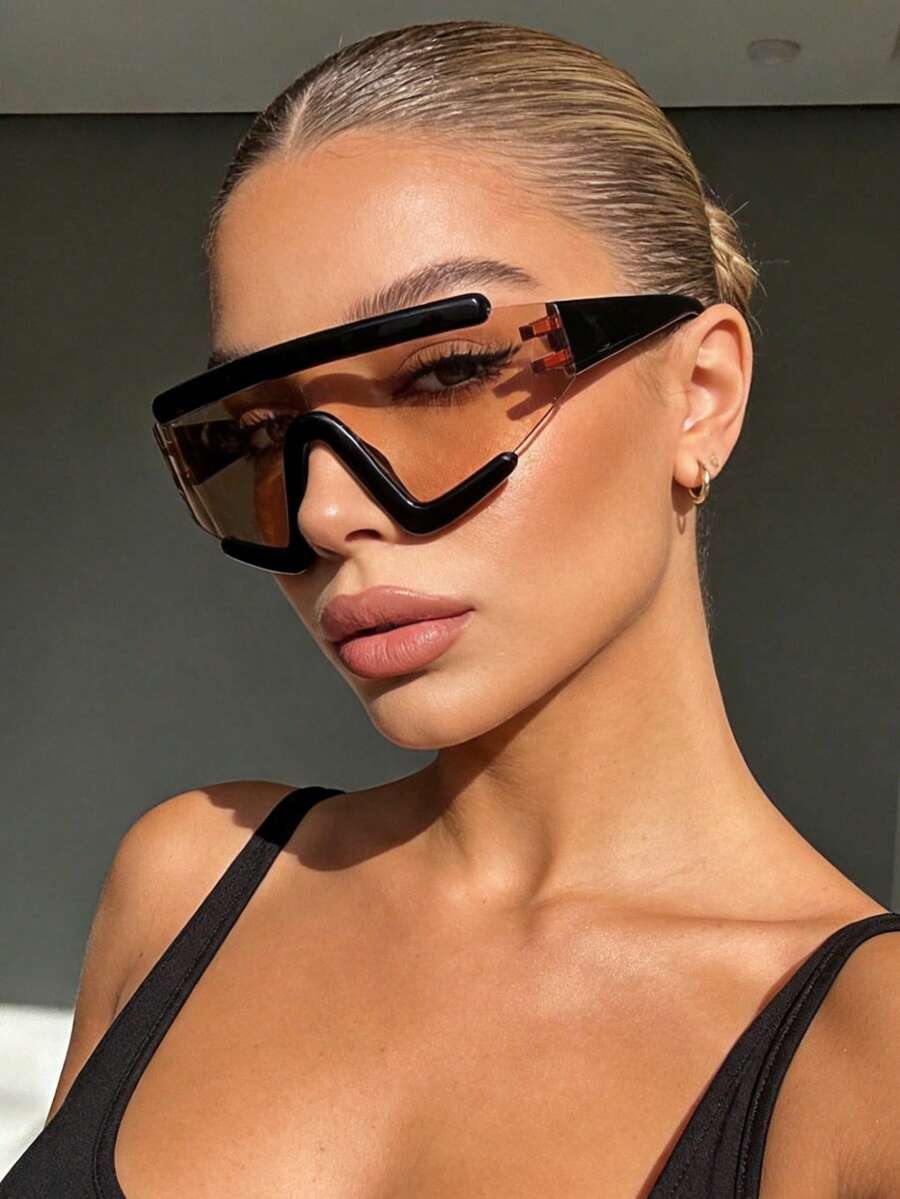 1pc Y2K Futuristic Fashion Glasses, Cyber Punk Style Glasses, Integrated Design For Daily Wear With Futuristic Fashionable Look - Light Brown - View 1