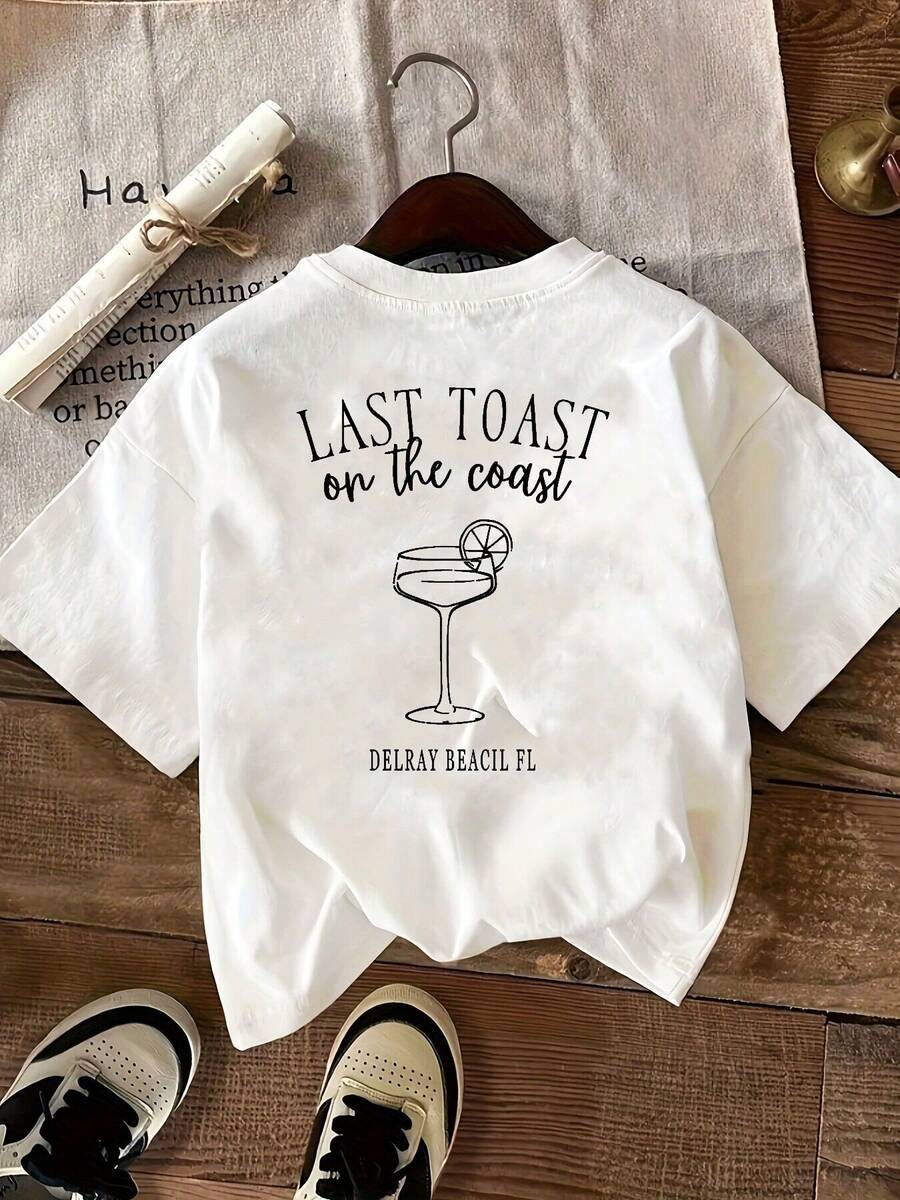 "Last Toast On The Coast" Women's Casual T-Shirt - Short Sleeve, Crew Neck, Pullover, White With Black Lettering And Graphics, Perfect For Spring/Summer/Autumn, Y2K Style - Black - View 1