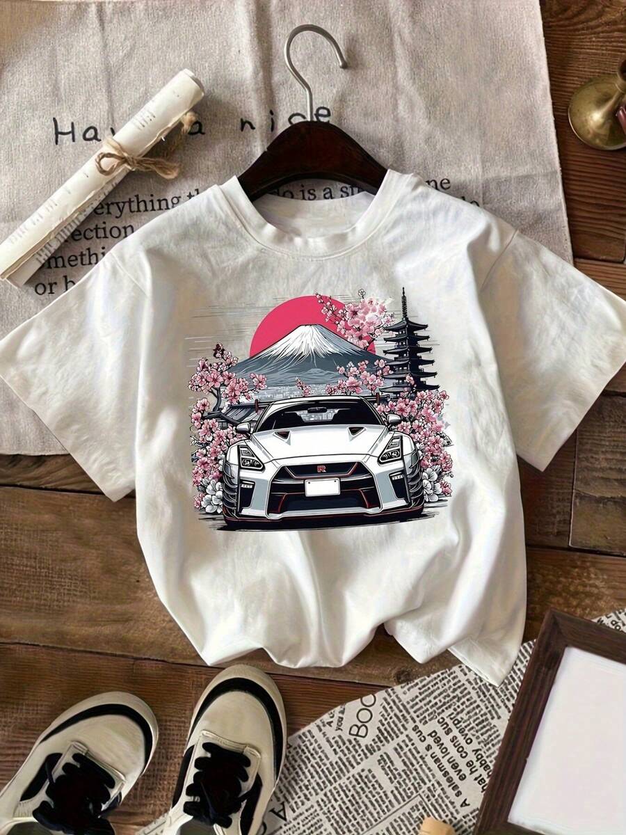 Camiseta de manga corta estilo japonés con estampado de sakura para mujer, informal, de una sola pieza, con cuello redondo, para verano y primavera, estilo Y2k. - Negro - Ver 1