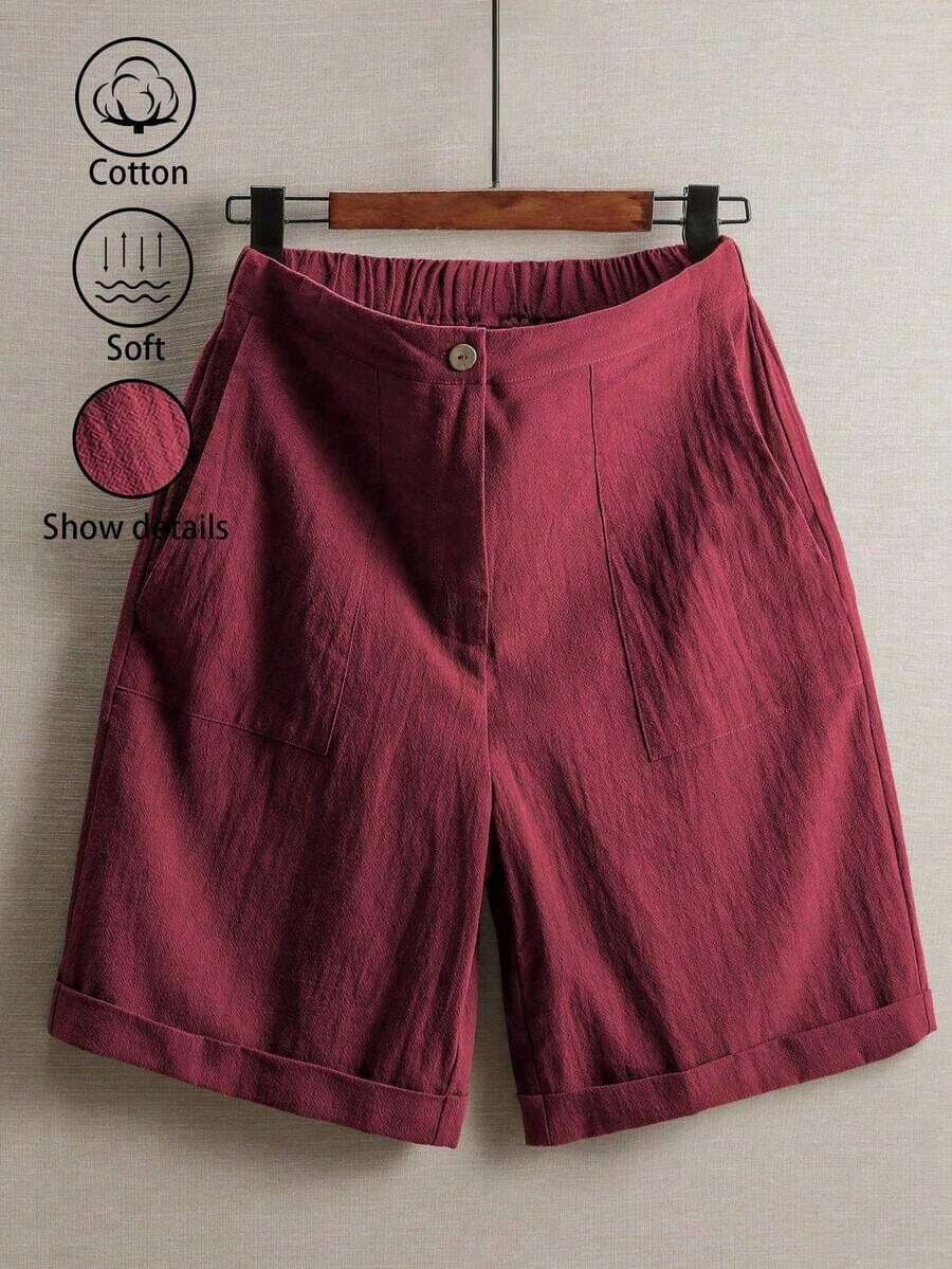 Pantalones de lino minimalistas casuales de unicolor para mujer, talla pequeña - Burdeos - Ver 1