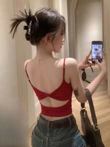 性感露背修身吊带背心，胸前系带，镂空设计，夏季女士休闲服装 - 紅色 - 查看 5