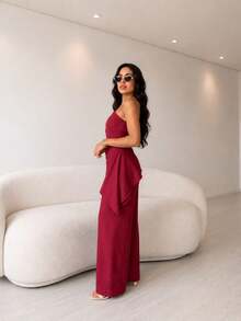 Elegant Asymmetrical Tailored Wide-Leg Pants And Blouse Set - 紅木色 - 查看 5