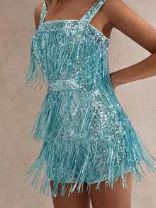 Mono corto con lentejuelas, flecos, tirantes gruesos y hombros descubiertos, espalda al descubierto, para salir de fiesta, con brillo, para fiestas de cóctel, sexy y glamoroso, para fiestas y vacaciones - Azul - Ver 5