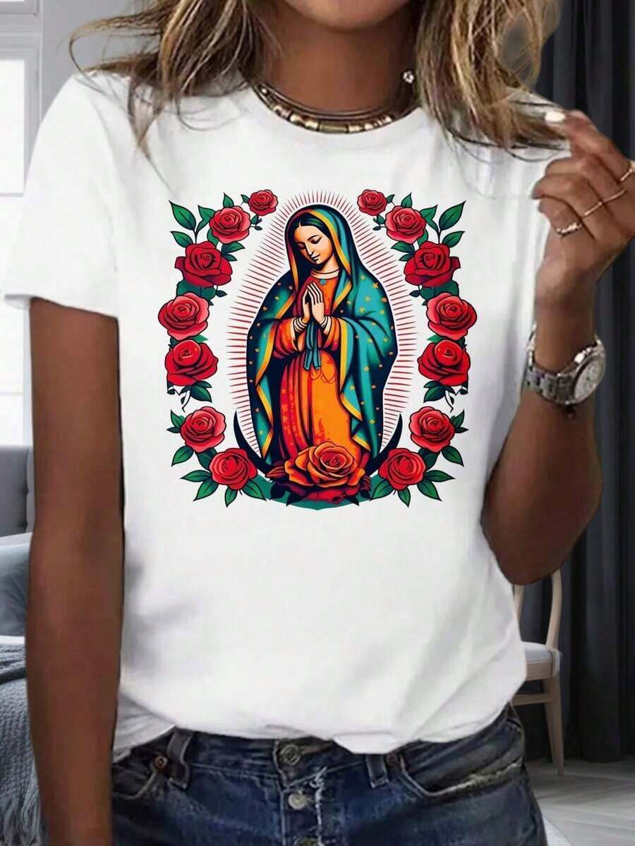 Virgin Mary T-Shirt With Roses, Women's Catholic Religious Icon Graphic T-Shirt, Faith And Spirituality Clothing, Short Sleeve White Blouse, Party And Event Wear, 220mg, 100% Cotton, Women's Warm Clothing - 白色 - 查看 1