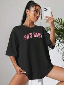 Summer TopsLetter Graphic Drop Shoulder Oversized Tee Graphic Tees Women Tops, Unisexcotton T-Shirt - Black - View 3