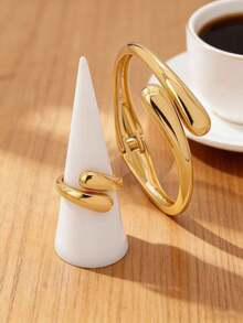 Bộ 1 chiếc vòng tay và nhẫn kim loại hình giọt nước tối giản thời trang, món quà trang sức đa năng phù hợp cho cả ngày thường và dịp lễ. - Vàng - Xem 2
