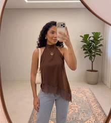 Women's Asymmetrical Cropped High Neck Halter Blouse With Lace Tie At The Neck - Boho Chic, Casual, Elegant,  Autumn/Winter Fashion - 棕色 - 查看 3