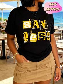 Say Less Graphic T-Shirt For Women - Bold Yellow And Black Typography Design, Casual Summer Top, Streetwear Style, Comfortable Cotton Tee, Spring Top Spring Tops Summer Tops For Women Black Tops Womens Clothing Cotton Tops Summer Clothes Summer Clothes Cotton T Shirt , Short Sleeve Crew Neck Top For All Seasons, Casual Crew Neck Short Sleeve Comfort Tee Top For Spring & Summer, Women's Clothing - màu đen - Xem 2