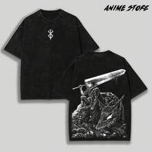 New Style In 2026, 100% Pure Cotton. Limited Edition Heavyweight Retro Cotton T-Shirt, Guts X Beast Of Darkness, Vintage Double-Print Anime Apparel, Unisex, Oversized, Anime And Manga Merchandise, Heavyweight Washed Cotton T-Shirt, Gift For Anime Fans. Men's T-Shirt. - 黑色 - 查看 1