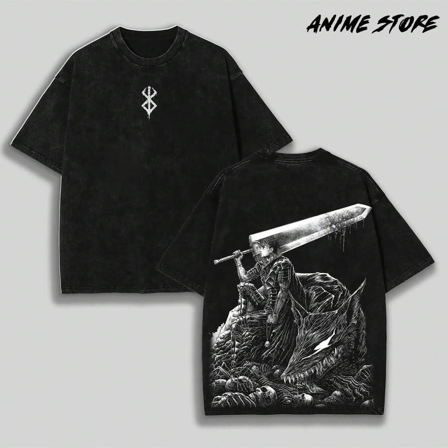 New Style In 2026, 100% Pure Cotton. Limited Edition Heavyweight Retro Cotton T-Shirt, Guts X Beast Of Darkness, Vintage Double-Print Anime Apparel, Unisex, Oversized, Anime And Manga Merchandise, Heavyweight Washed Cotton T-Shirt, Gift For Anime Fans. Men's T-Shirt. - 黑色 - 查看 1