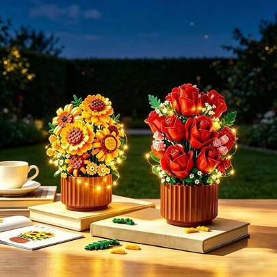 Chậu hoa hồng, hoa hướng dương xếp hình, đồ trang trí lắp ráp hoa vĩnh cửu dạng hạt nhỏ, quà tặng sinh nhật trang trí bàn làm việc, bó hoa hồng đỏ xếp hình, đồ chơi lắp ráp hoa hồng vĩnh cửu mô phỏng, đồ trang trí nhà cửa ngày Valentine.