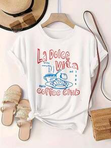 Camiseta Casual de Manga Corta para Mujer Estilo Vintage - La Dolce Vita Coffee Club Italy Est 1984, Cuello Redondo, Top de Verano, Lavable a Máquina, Camisetas para Damas, Ropa Casual, Estilo Moderno, Ajuste Cómodo  
 BlackFashion - Blanco - Ver 2