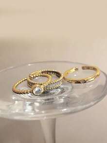 5pcs Elegant Cubic Zirconia Cross Open Copper Ring Set Suitable For Women Party Wear (Gift Box Not Included) - Yellow Gold - View 8